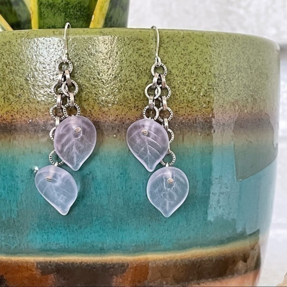 2/$29 Handmade Frosted Lavender Dangle Earrings 2.25” Boho Pastel Glass Texture